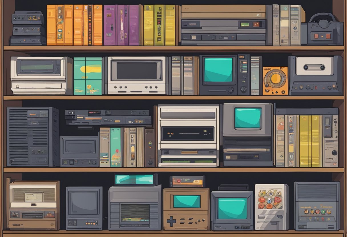 Old video games displayed on a shelf, with options for preservation and playback nearby