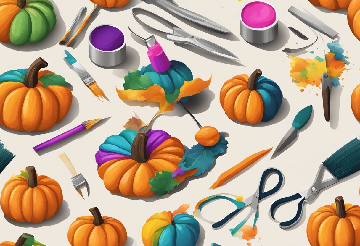 Old Halloween decorations being transformed into new crafts. A table scattered with paint, glue, and scissors. A pumpkin being turned into a colorful centerpiece