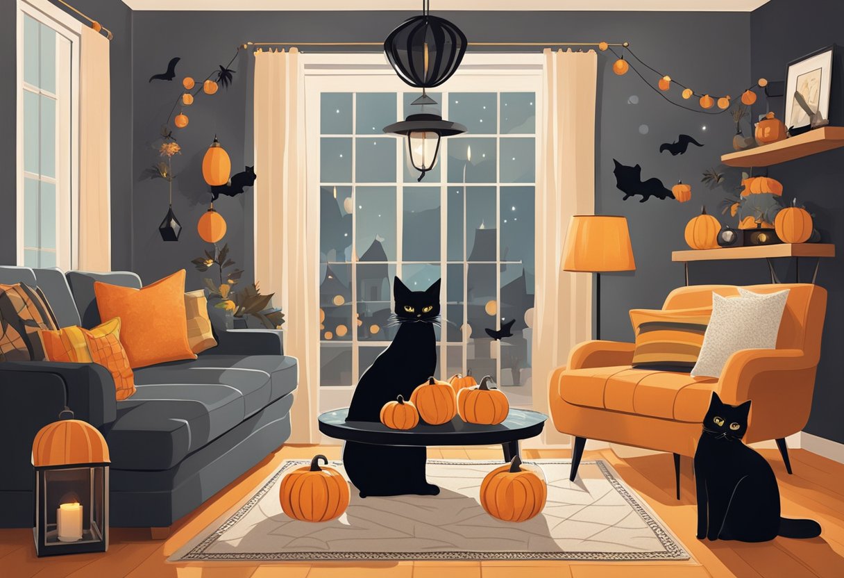 A modern living room with vintage Halloween decorations mixed in. A black cat figurine sits next to a sleek pumpkin centerpiece. Vintage lanterns hang alongside modern string lights