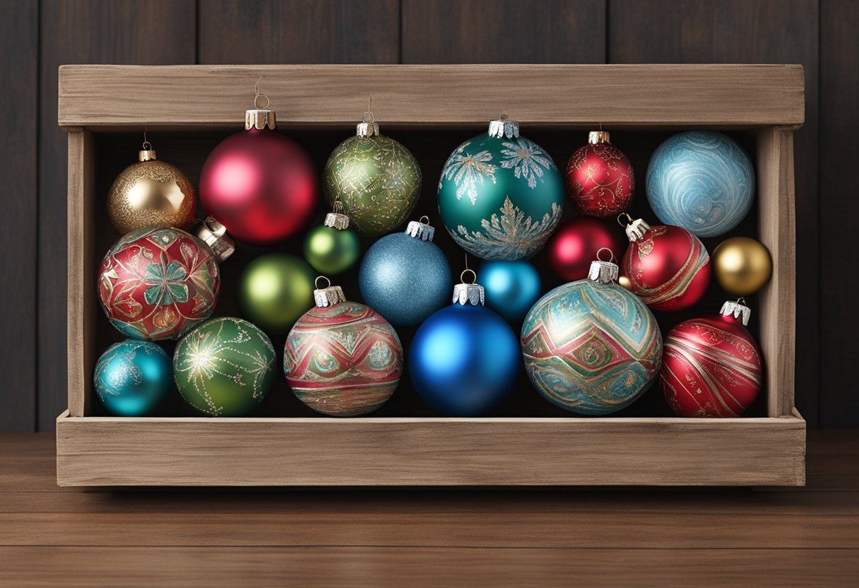 Old Christmas ornaments transformed into unique home decor. Painted, stacked, and arranged in a rustic wooden crate. A creative and eco-friendly display