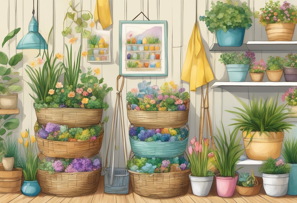 An old Easter basket repurposed as a hanging wall organizer, filled with potted plants and art supplies, surrounded by a stack of colorful baskets ready for upcycling