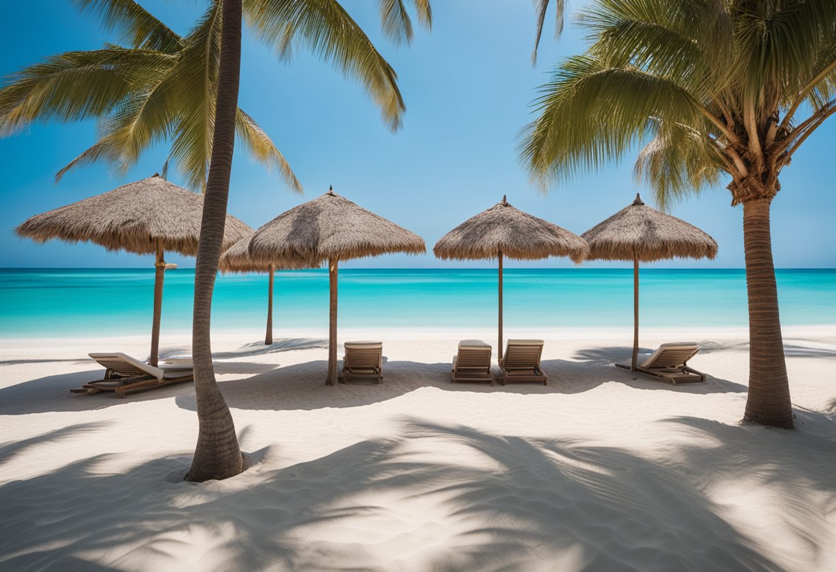 A serene beach with turquoise waters, palm trees swaying in the gentle breeze, and a clear blue sky. White sandy beaches stretch along the coast, with colorful beach umbrellas and loungers dotted along the shore