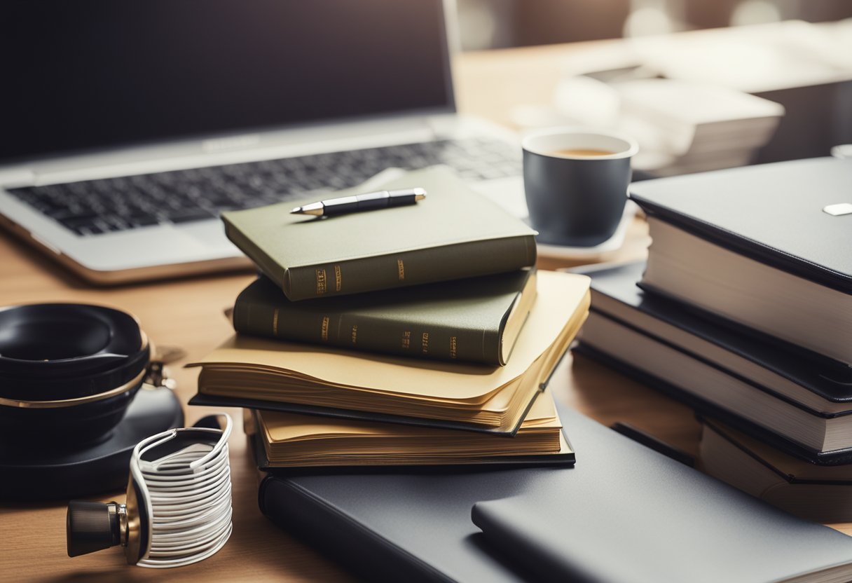 A cluttered desk with a laptop, notebook, and pen. A stack of persuasive copywriting books. A highlighted page with powerful examples