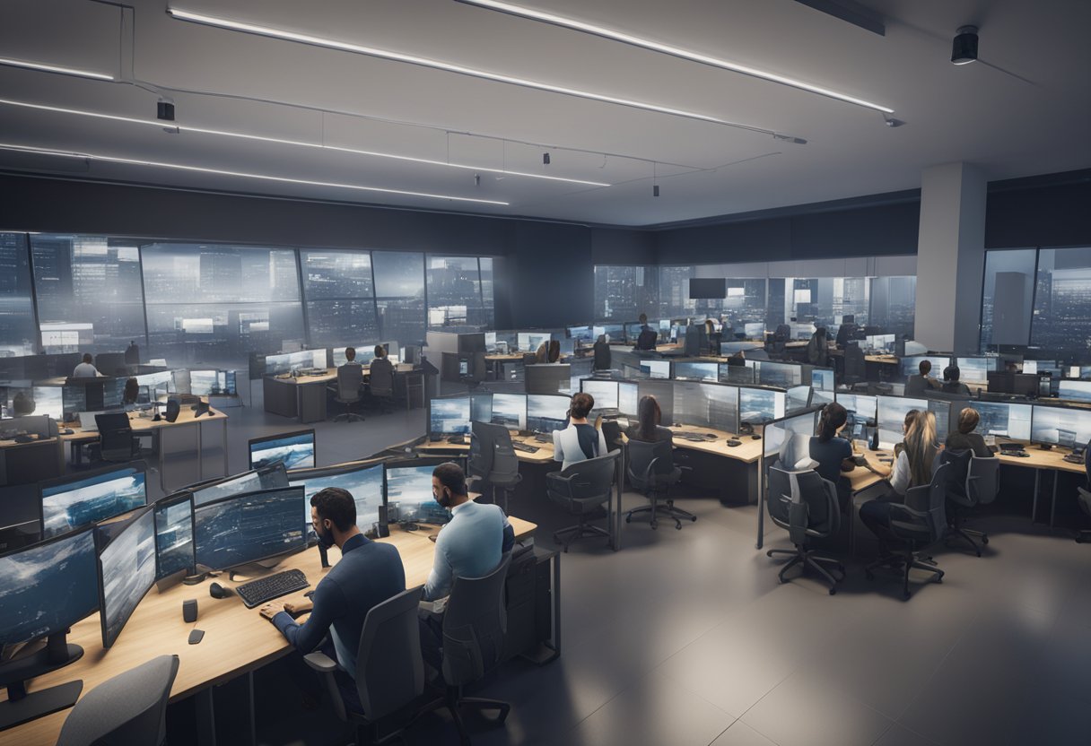 A bustling call center with multiple employees wearing headsets, typing on computers, and managing multiple screens to handle high call volumes in customer service