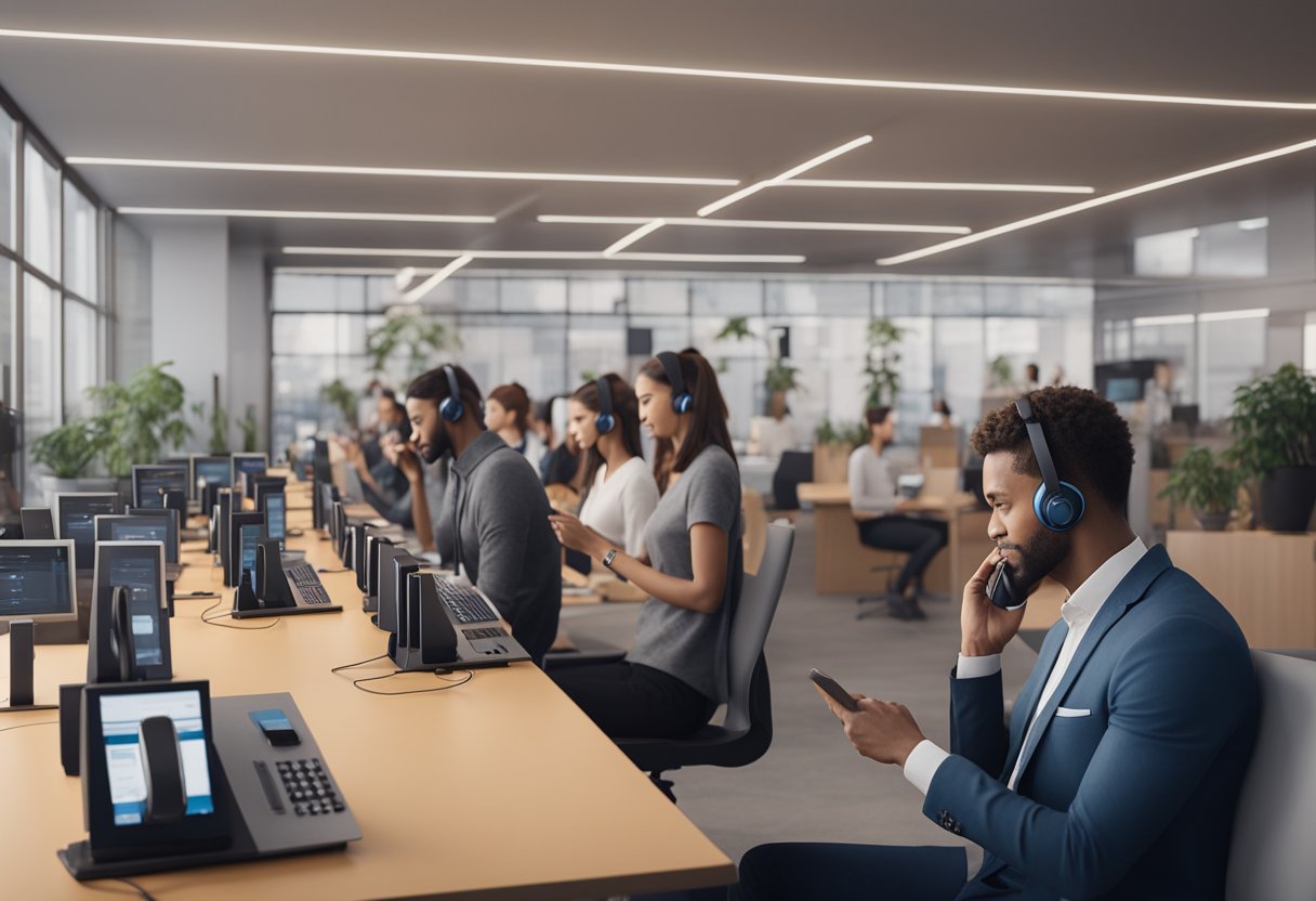 A customer service representative speaks on multiple phones while a queue of customers waits on hold