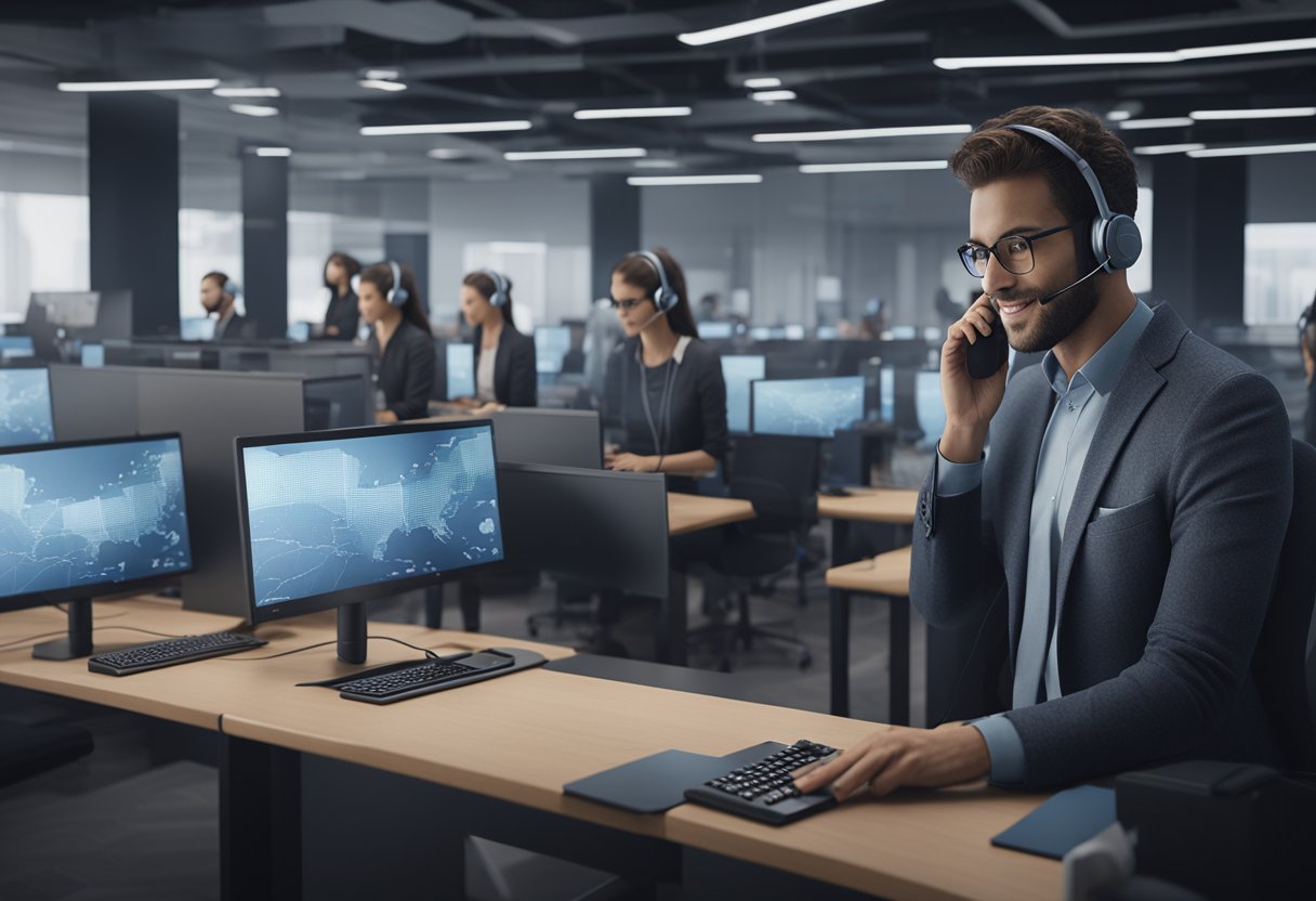 A busy call center with ringing phones, a digital display showing high call volumes, and agents working diligently to handle customer inquiries