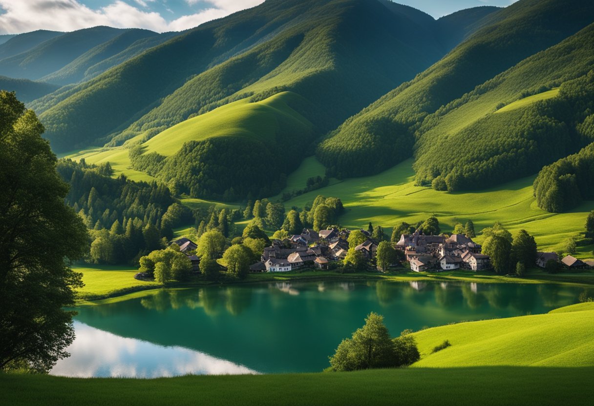 Rolling hills, vibrant green forests, and crystal-clear lakes create a picturesque landscape. Majestic mountains loom in the distance, while charming villages dot the countryside