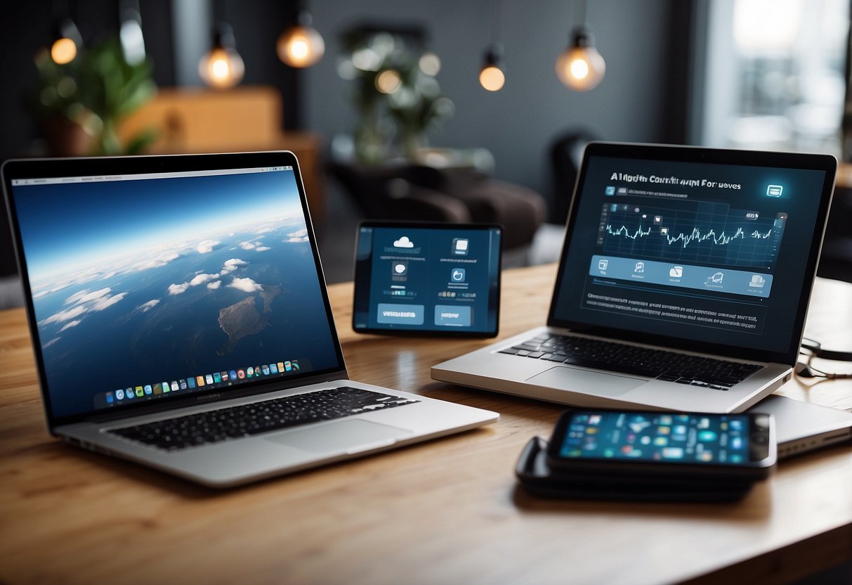 Various devices (phone, laptop, tablet) display customer inquiries. A chatbot responds on one screen while a support agent types on another. Email and social media icons are visible