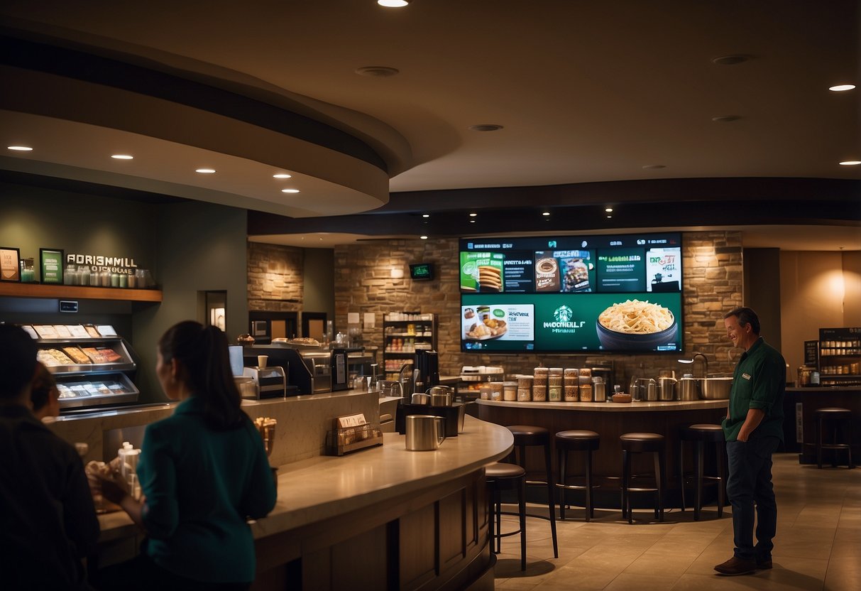 A bustling Starbucks coffee shop with customers ordering, a Disney movie playing on a TV, and a Northmill Bank advertisement on a digital screen