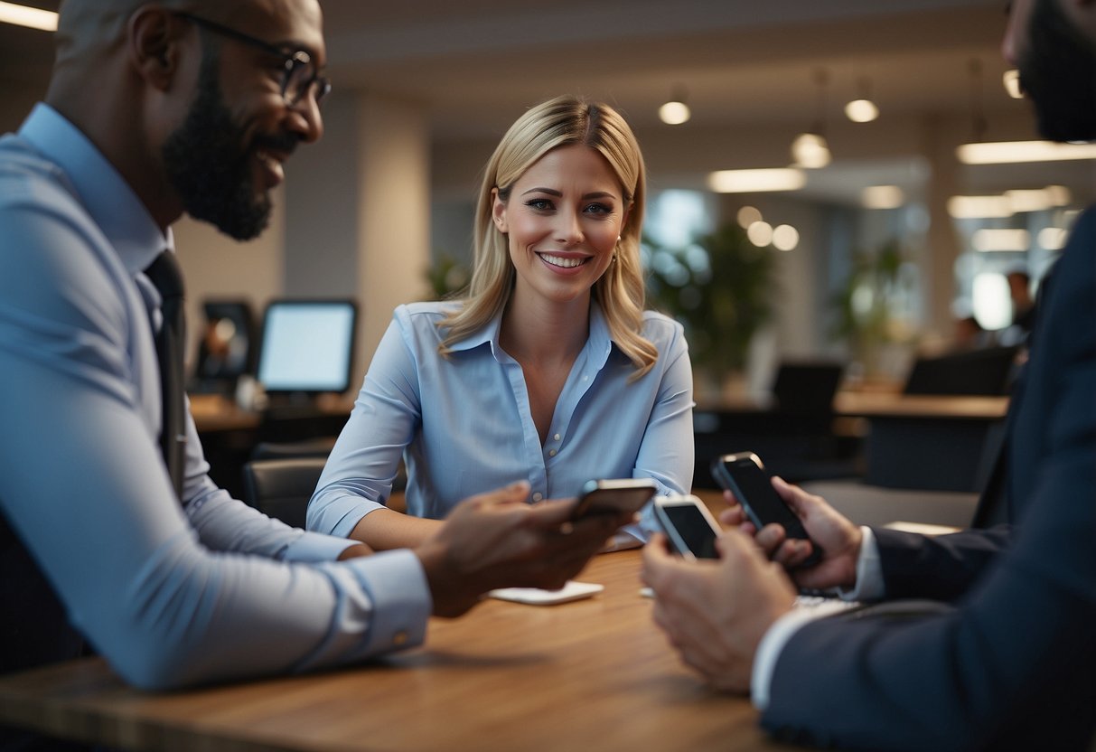 A customer service agent seamlessly switches between phone, chat, and email, while a satisfied customer looks on