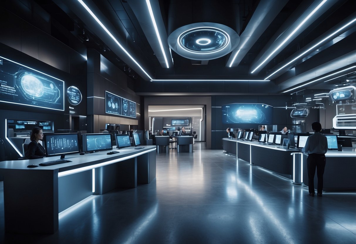 A futuristic customer service center with AI and machine learning tech, displaying seamless omnichannel communication