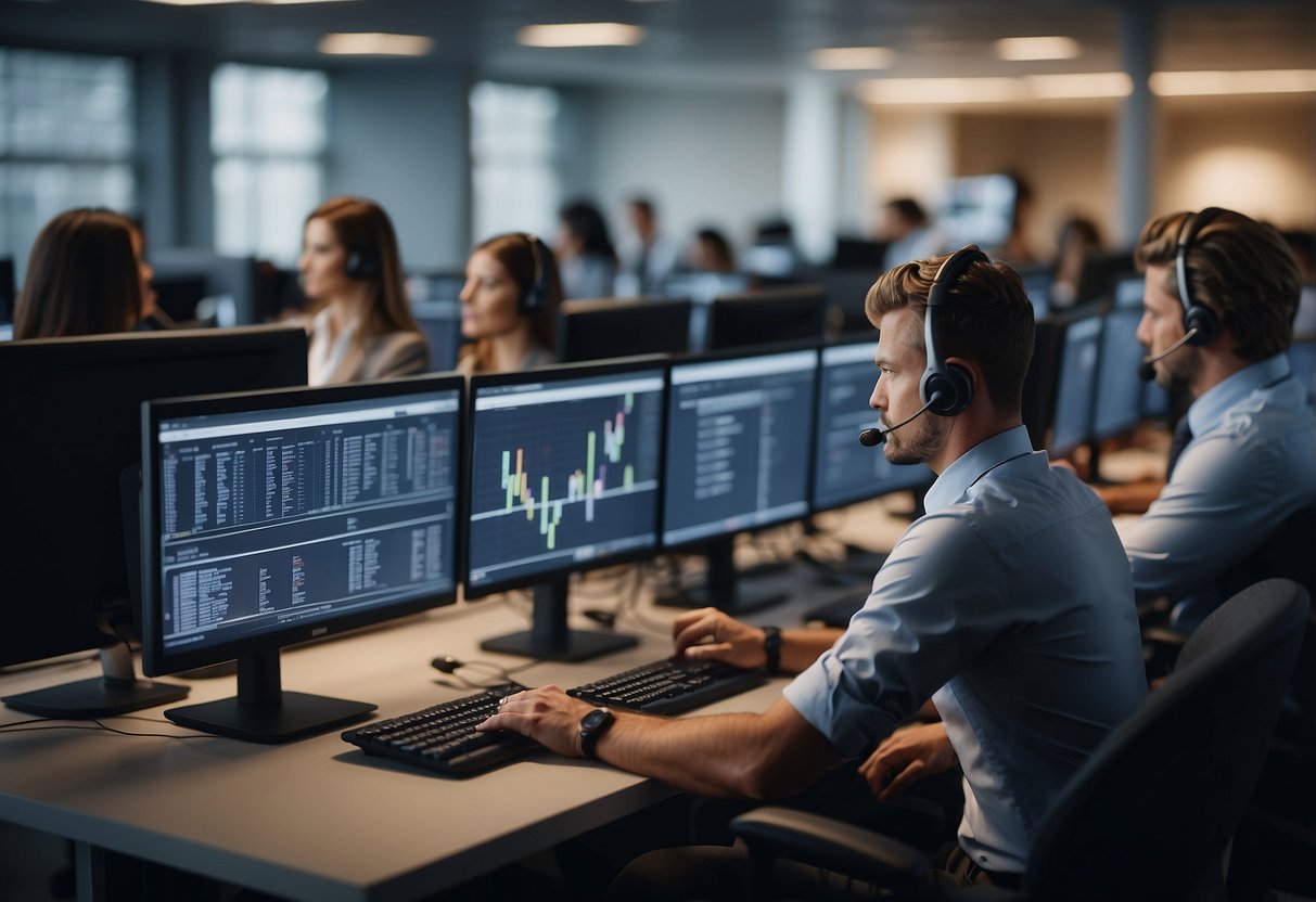 A bustling call center with agents using phones, chat, and email to assist customers. Screens display real-time data and analytics