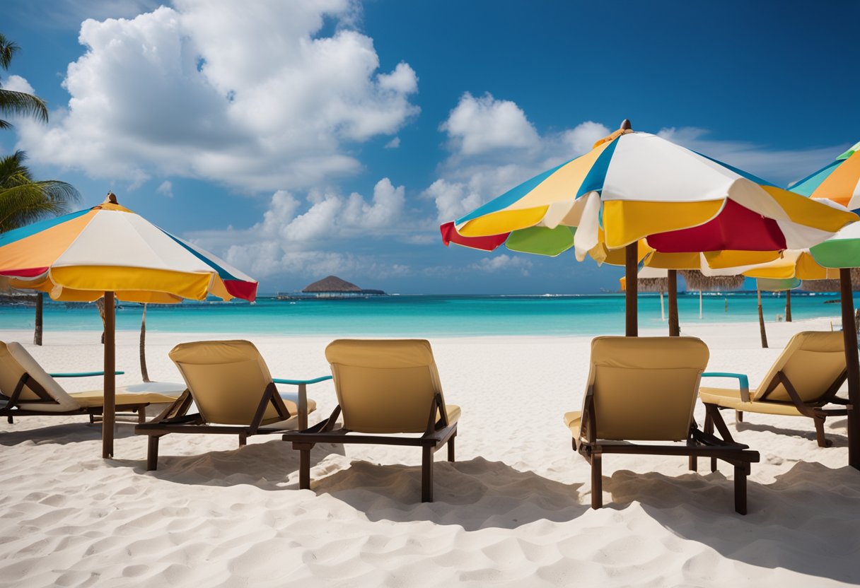 A vibrant beach with crystal-clear water, palm trees swaying in the breeze, and colorful beach umbrellas dotting the sandy shore. A luxurious resort sits in the background, with a backdrop of clear blue skies and fluffy white clouds