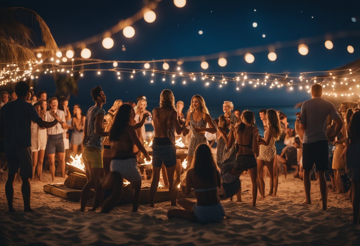 A vibrant beach party with bonfires, music, and dancing under the starry night sky, while people enjoy water activities like snorkeling and paddleboarding during the day