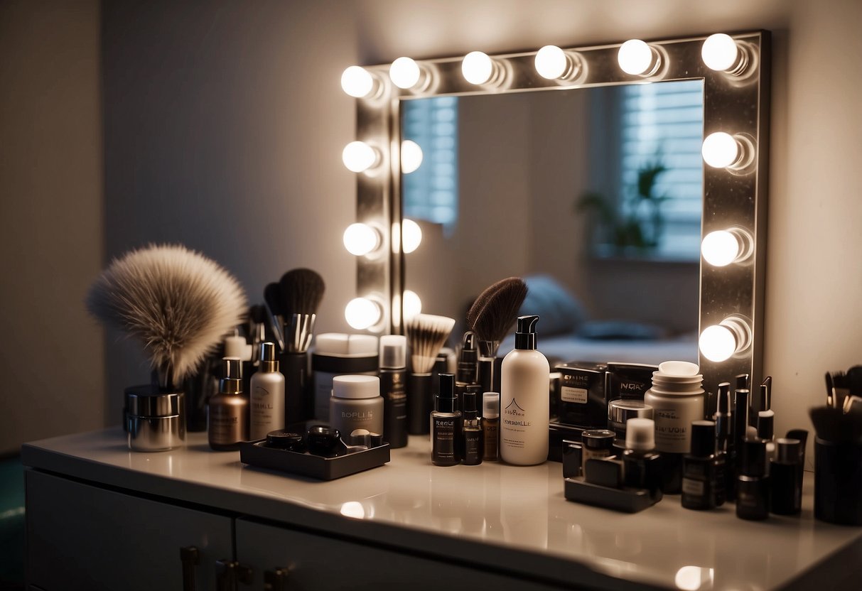 Le postiche d'une femme repose sur une coiffeuse, entouré de produits capillaires et d'un miroir reflétant une chambre confortable