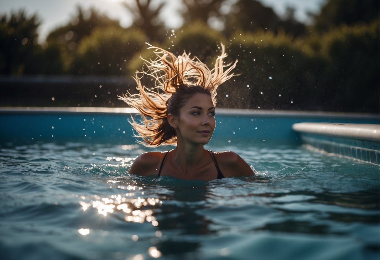 A person wearing a hair topper swimming in a pool or ocean, with water splashing around them