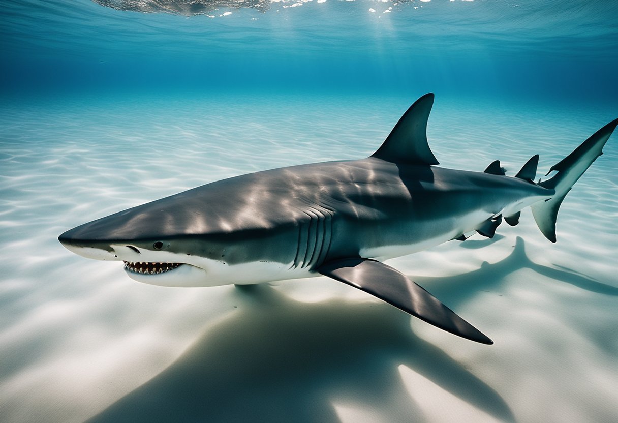 A shark swimming gracefully in a clear, blue ocean, surrounded by smaller fish. The shark appears calm and powerful, exuding a sense of spiritual strength and guidance in the dream