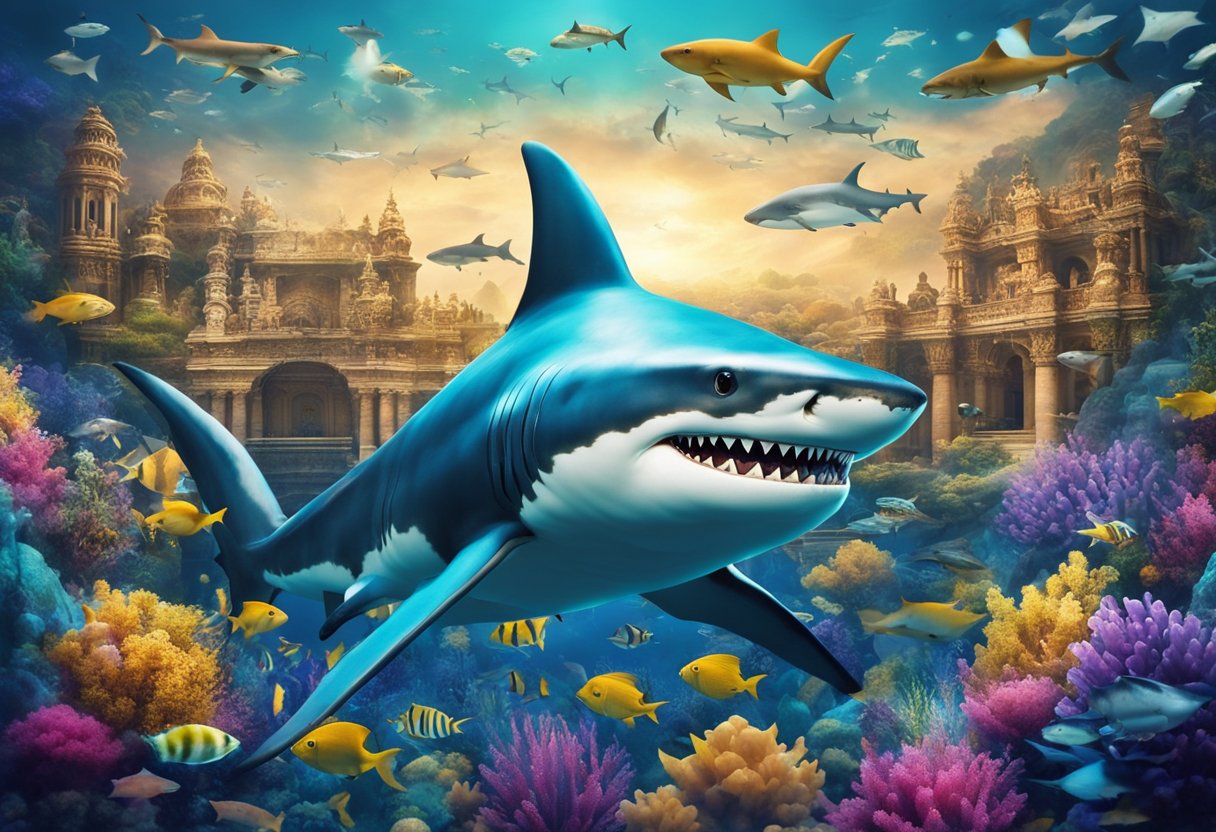 A shark swims gracefully through a vibrant dreamscape, surrounded by symbols of cultural and historical significance. Its presence exudes power and spiritual significance, embodying the complex meanings associated with sharks in dreams