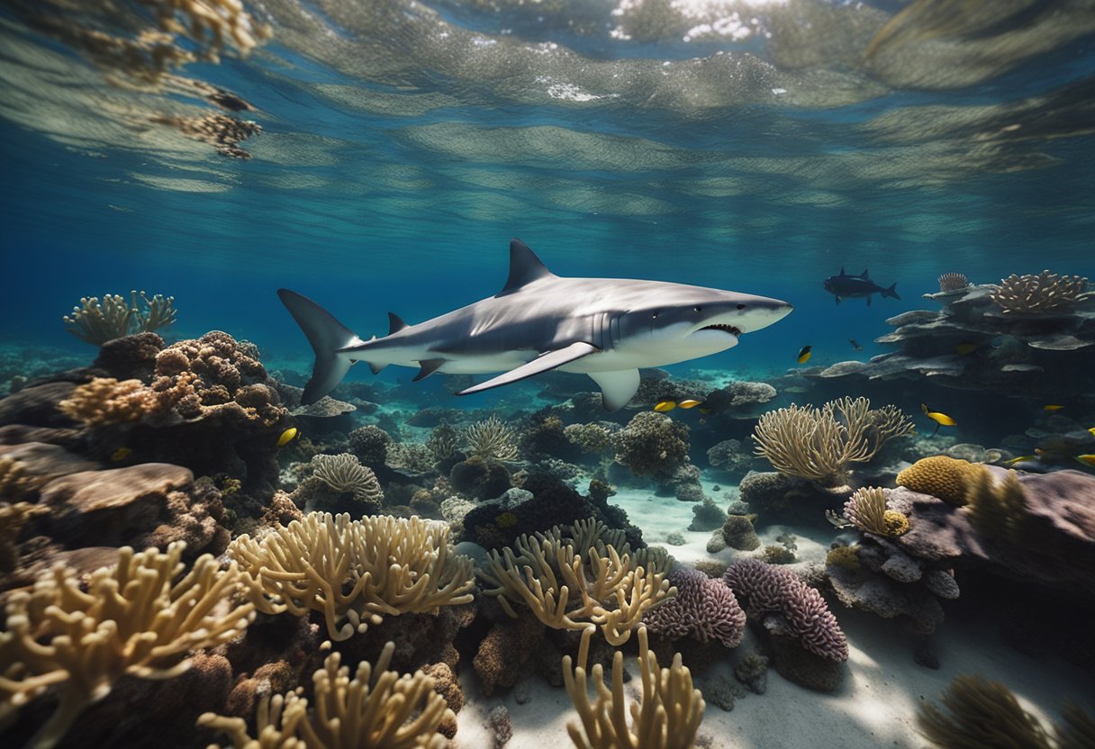 A shark swims gracefully through a clear, calm ocean, surrounded by vibrant coral and diverse marine life. The shark exudes power and confidence, symbolizing personal growth and self-reflection in the dream