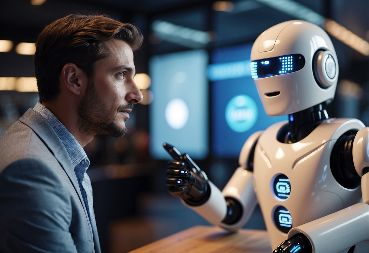 AI interacts with customers through chatbots. A customer asks a question, and the AI responds with helpful information. The AI system is seamlessly integrated into the customer service process