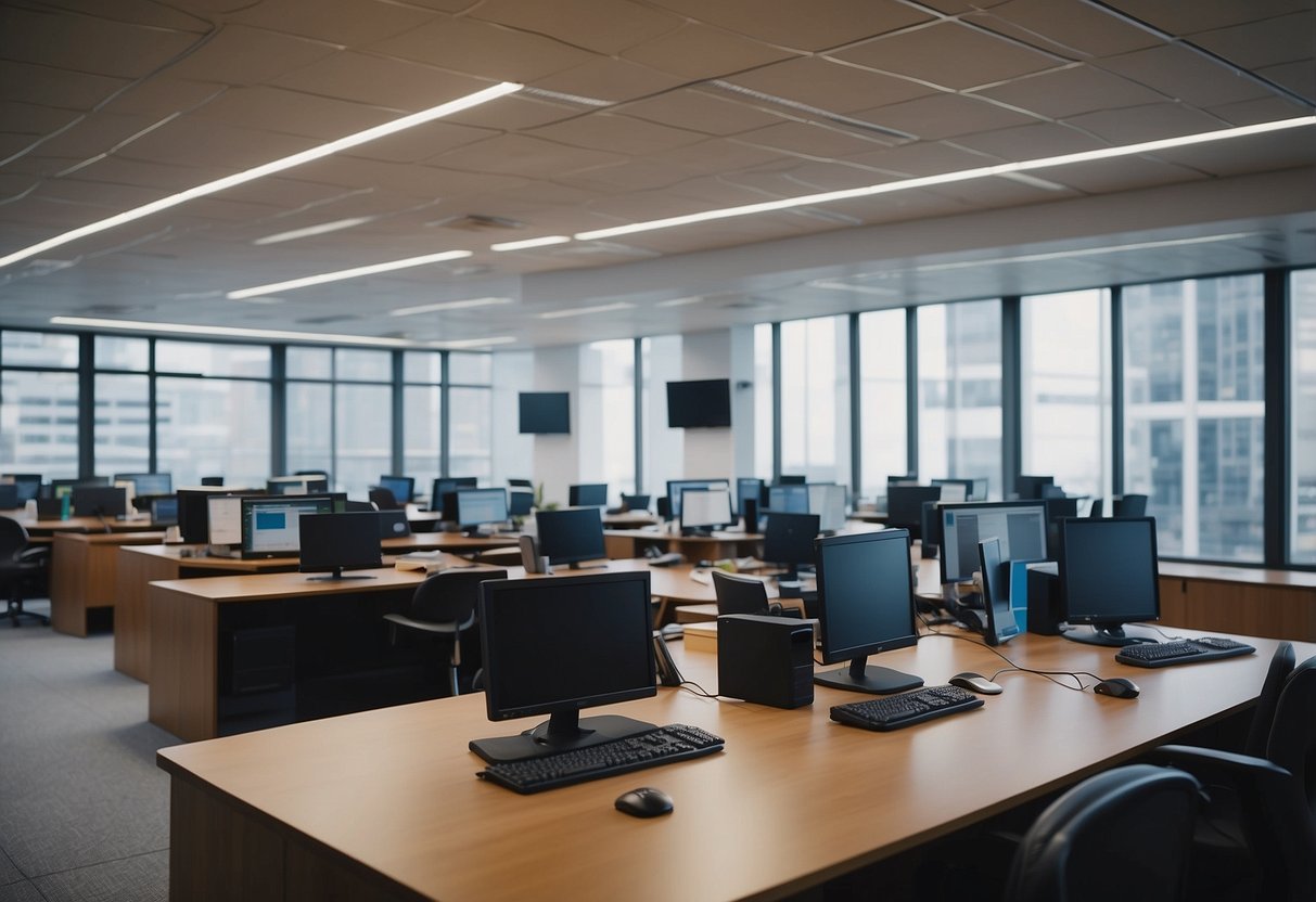 A bustling government office with modern technology and efficient coordination. Documents and computers fill the space, symbolizing the modernization of public administration