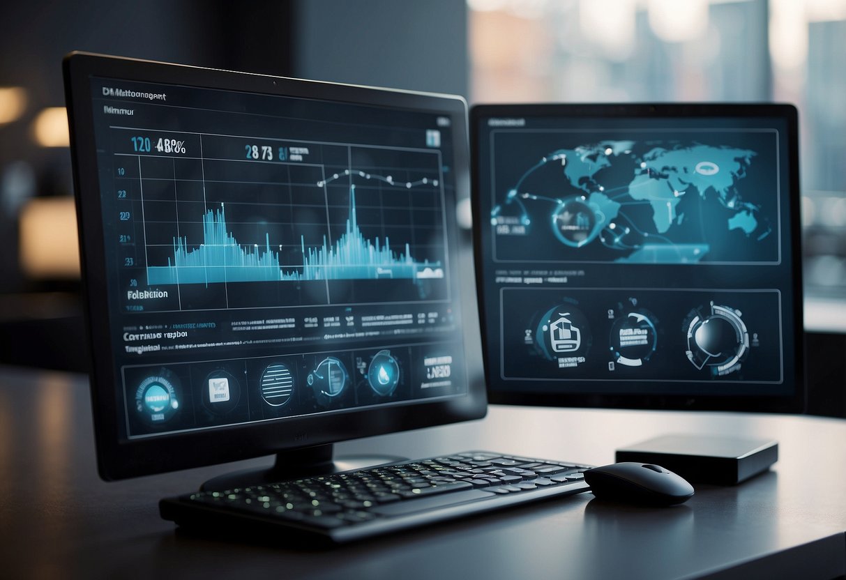 A computer screen displaying data management software with digital transformation icons