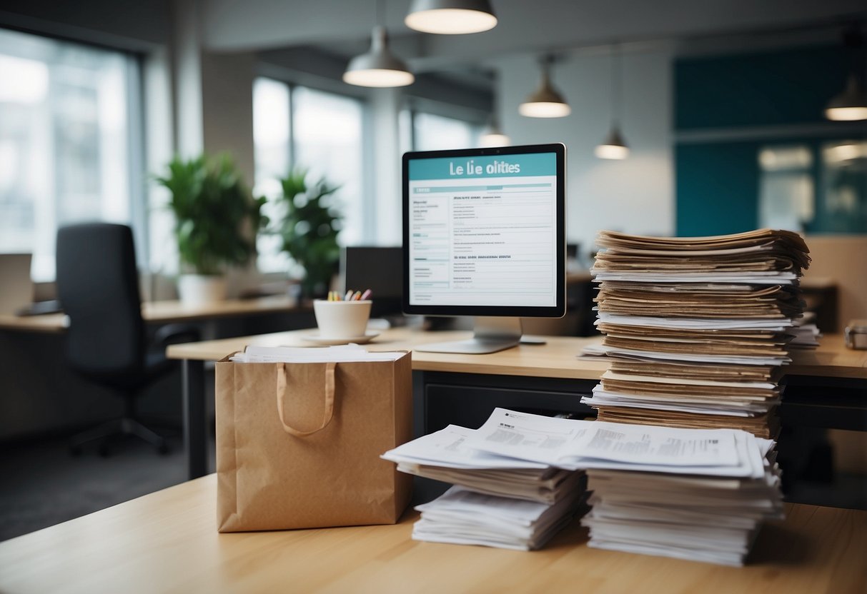 A clutter-free office with "Dites-le nous une fois" signage, simplified administrative forms, and a stack of public market documents