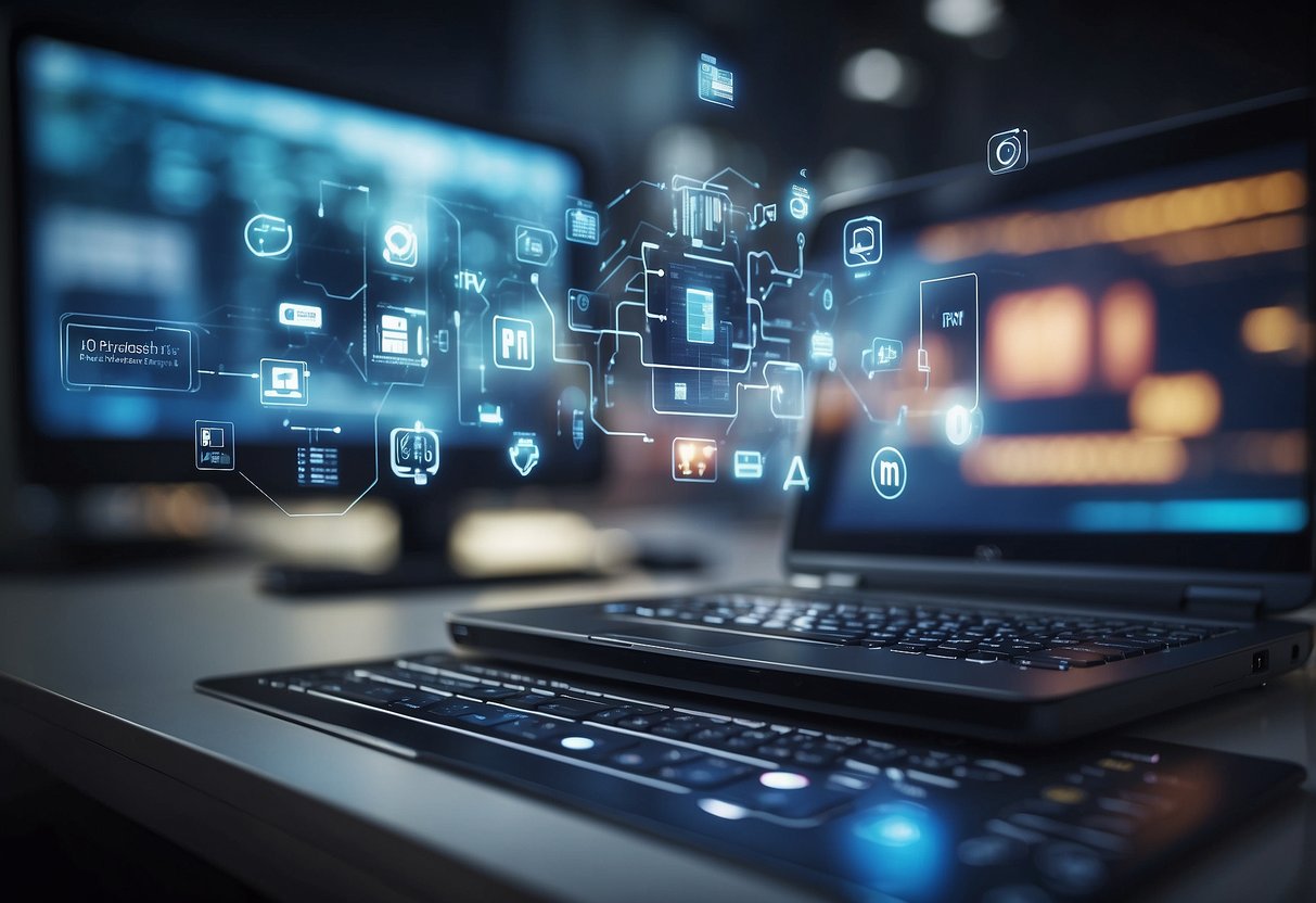 A digital transformation scene with PTNCP acronym, electronic devices, and security symbols for public procurement