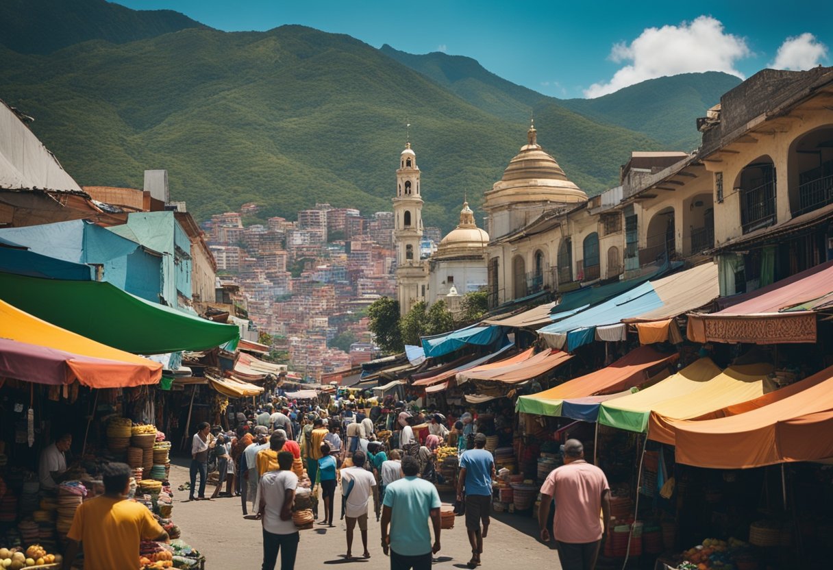 A vibrant street market in Caracas, with colorful buildings, bustling crowds, and traditional music. A backdrop of lush mountains and blue skies completes the scene