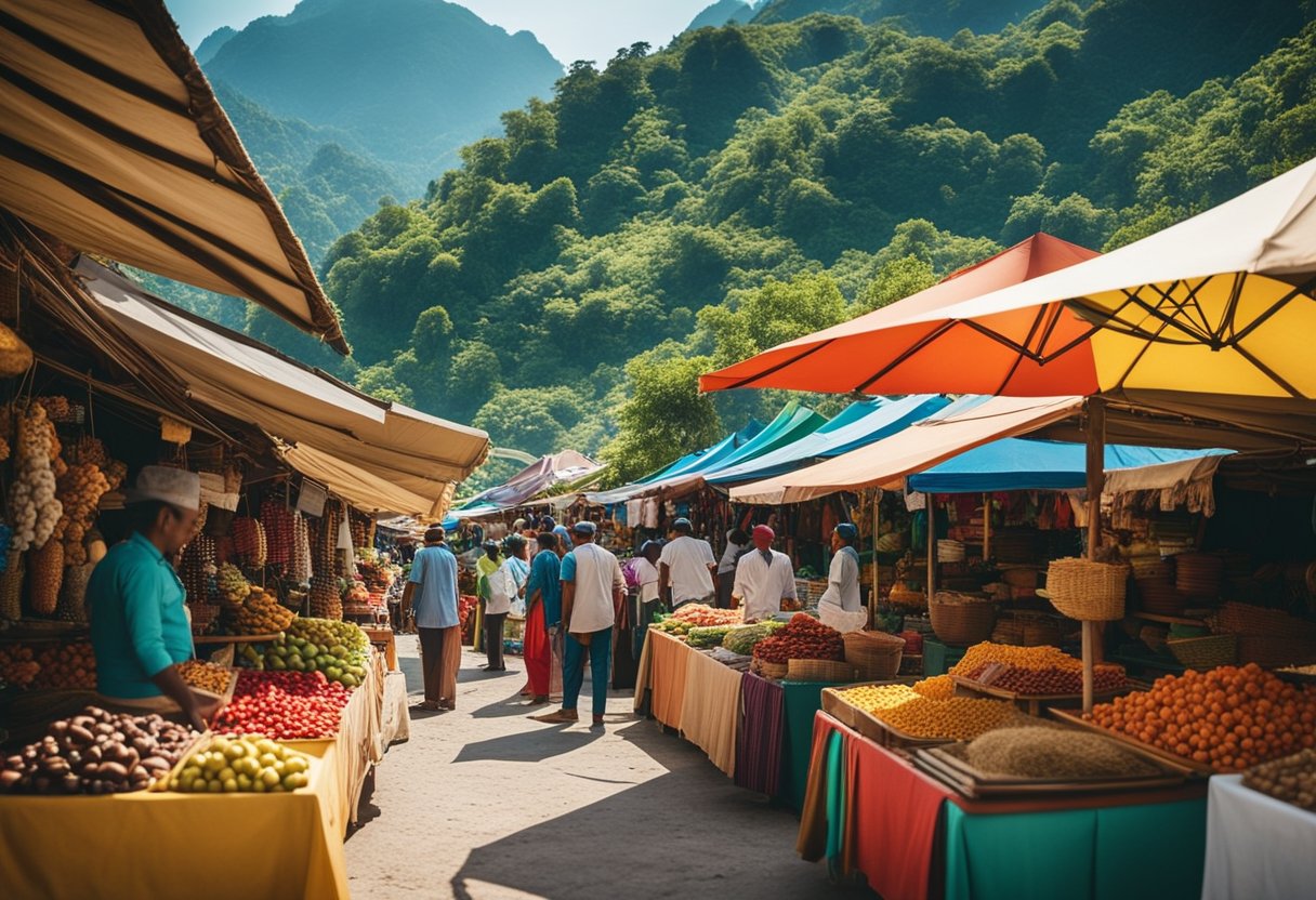 A vibrant market with colorful stalls selling local crafts and souvenirs, surrounded by lush green mountains and a clear blue sky