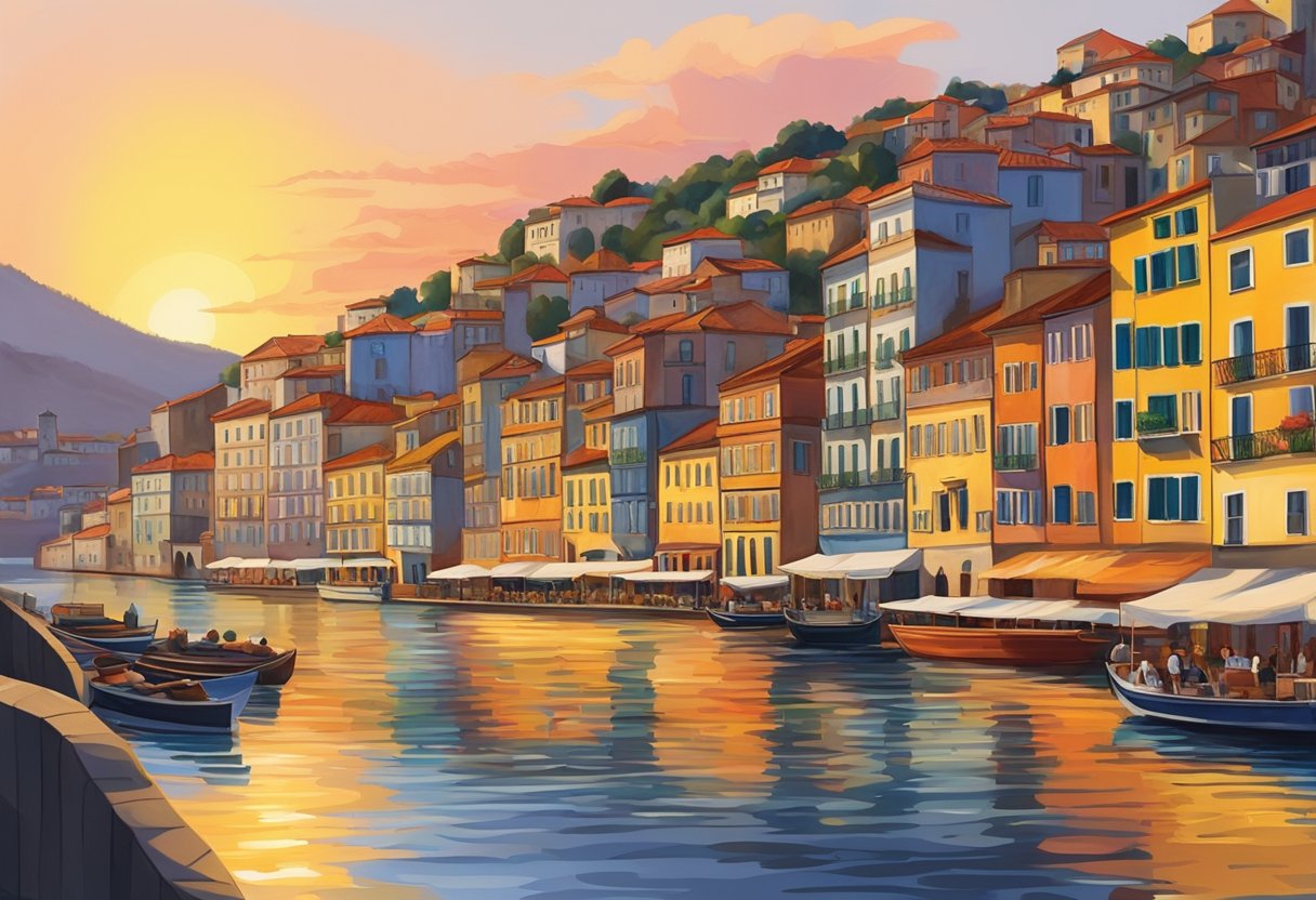 The sun sets over the Douro River, casting a warm glow on the colorful buildings that line the waterfront. Boats bob gently in the water as the city comes alive with the sounds of music and laughter