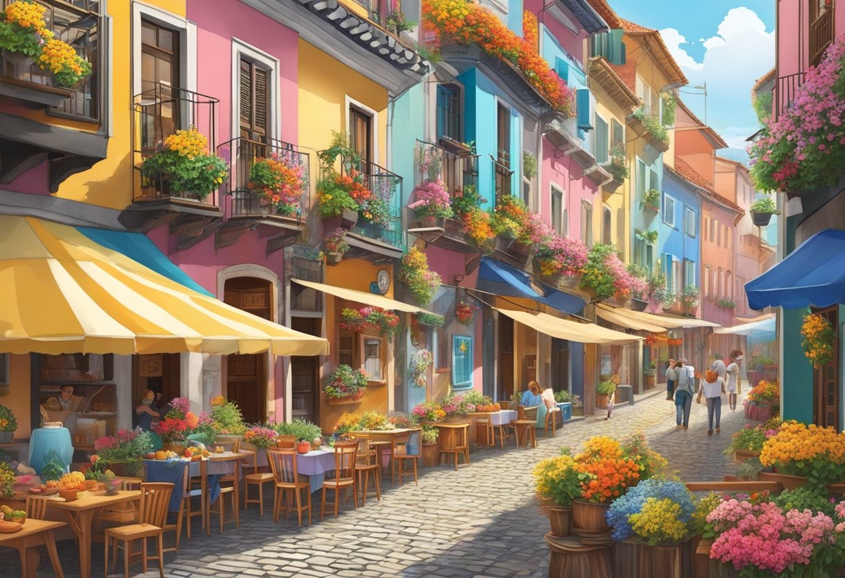 Colorful buildings line the cobblestone streets, adorned with vibrant flags and flowers. The aroma of fresh seafood and sounds of lively music fill the air, as locals and visitors mingle in the bustling streets