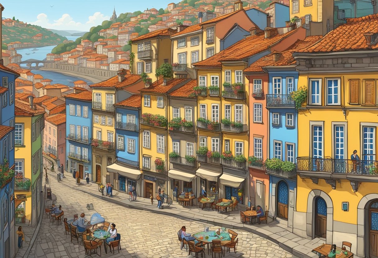 The bustling streets of Porto, with colorful buildings lining the cobblestone roads, and the Douro River flowing peacefully in the background. The city's vibrant atmosphere is filled with the sounds of clinking glasses and lively conversation