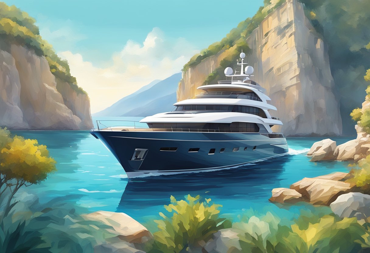 A sleek luxury yacht glides through the crystal-clear waters of the Italian coast, with the backdrop of picturesque cliffs and charming seaside villages