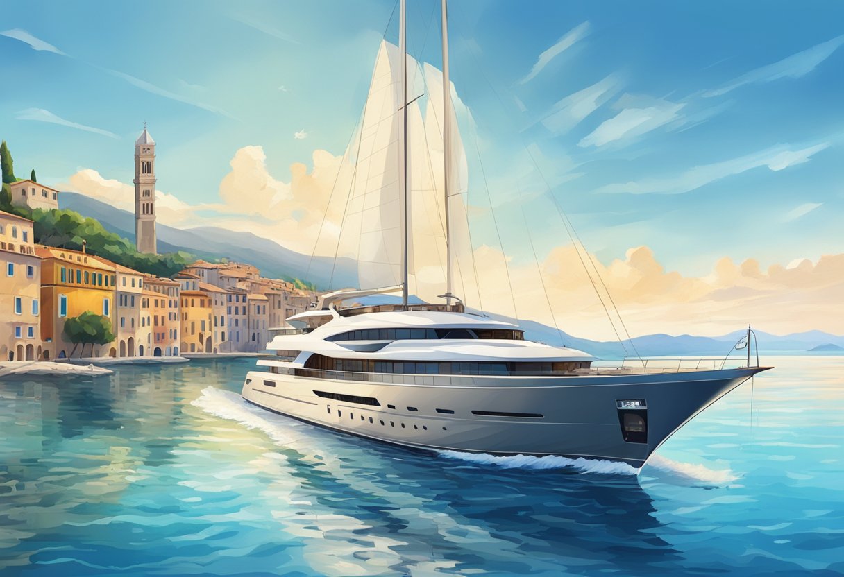 A luxurious yacht sails through the crystal-clear waters of Italy, surrounded by picturesque coastal towns and vibrant blue skies