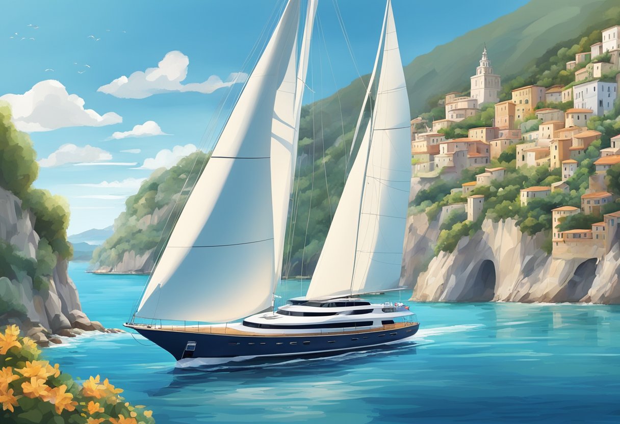 A luxury yacht sailing through the crystal-clear waters of the Italian coast, with the backdrop of picturesque coastal towns and stunning natural landscapes