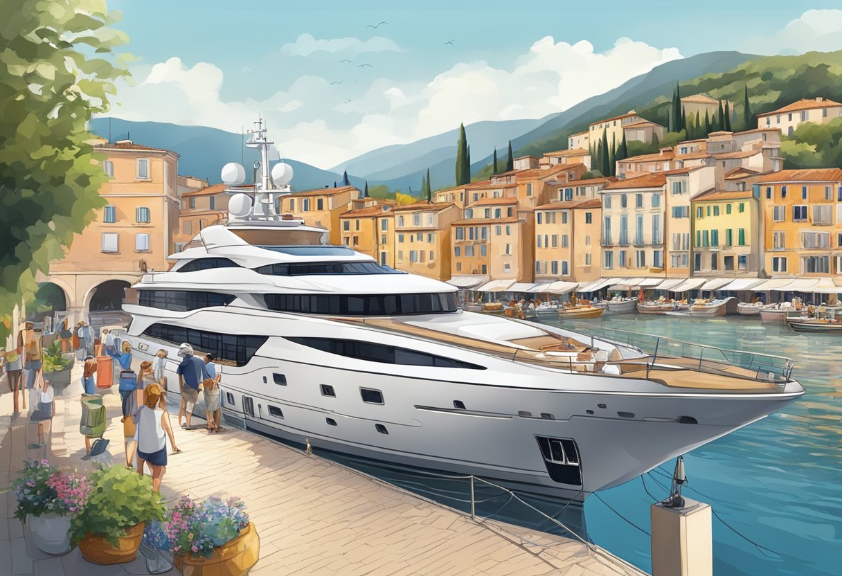 A luxury yacht being stocked with provisions and crew preparing for departure in a picturesque Italian port