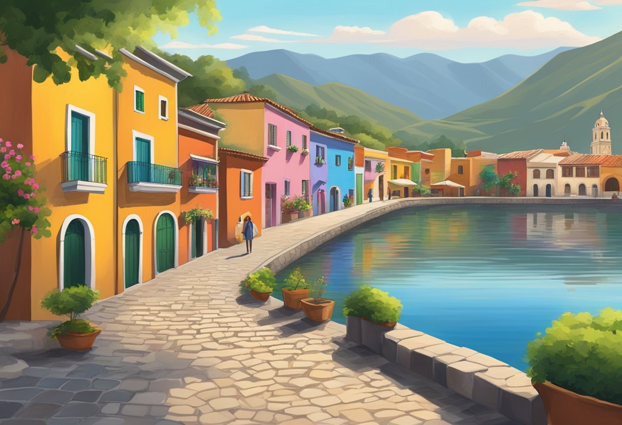 A serene scene in Ajijic, Mexico, with colorful buildings, cobblestone streets, and a tranquil lake in the background