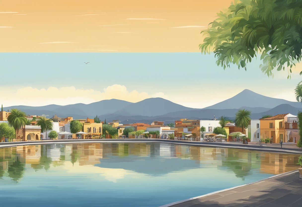 A serene scene of Ajijic, Mexico with a tranquil balneario, real estate, and the nearby city of Guadalajara in the background