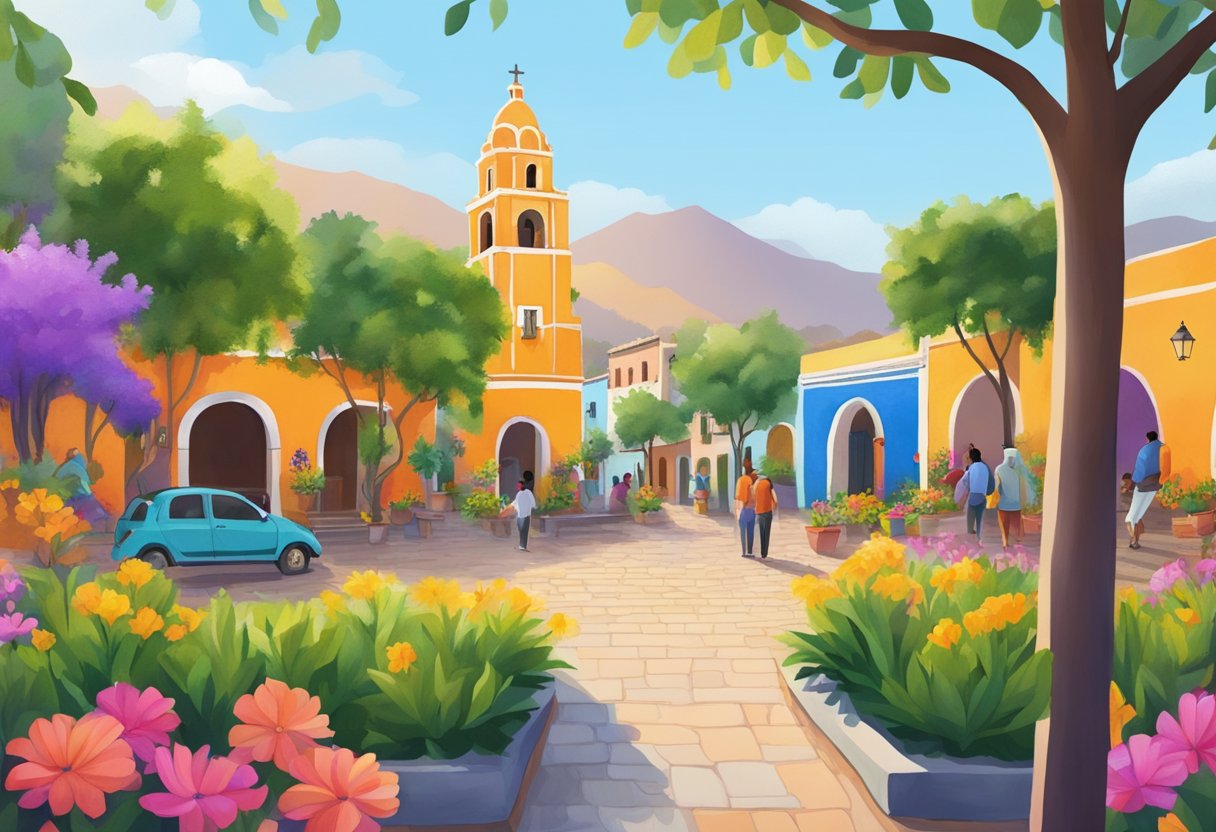 A peaceful town square in Ajijic, Mexico, surrounded by colorful buildings and vibrant gardens. The community gathers, feeling safe and connected