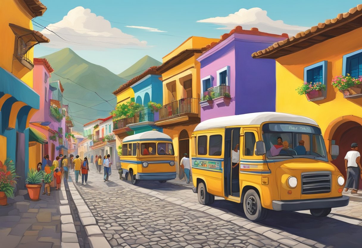 A bustling street in Ajijic, Mexico, with colorful buildings, cobblestone streets, and bustling markets. A traditional Mexican bus and a few cars are seen navigating through the vibrant town