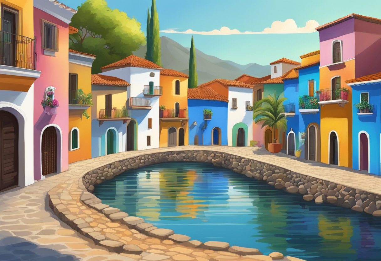 A serene scene in Ajijic, Mexico, with colorful buildings, cobblestone streets, and a tranquil lake in the background