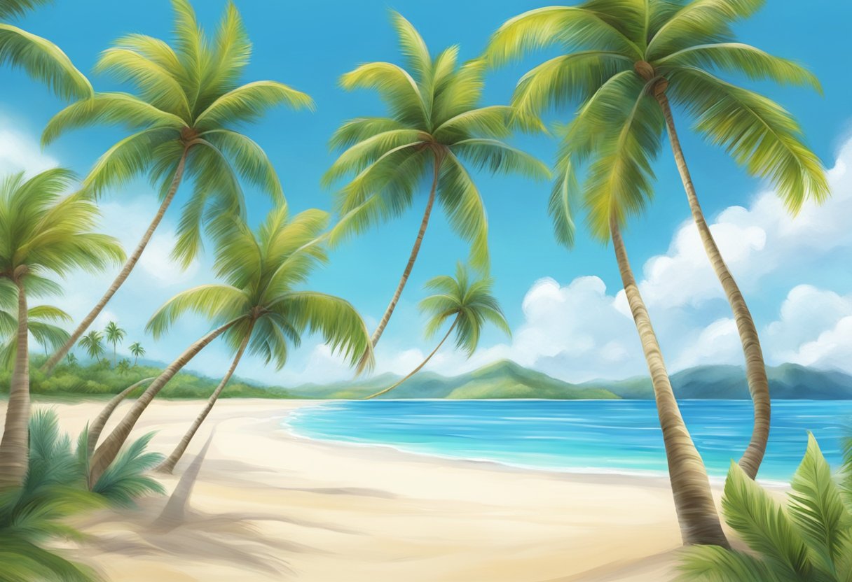 Tropical palm trees sway in the warm breeze, while clear blue waters gently lap against white sandy beaches under a bright, sunny sky