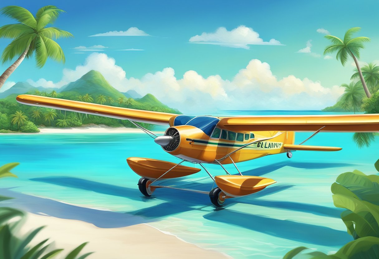 A colorful seaplane lands on crystal blue waters near a lush tropical island with palm trees and white sandy beaches. Another island can be seen in the distance, surrounded by clear turquoise waters