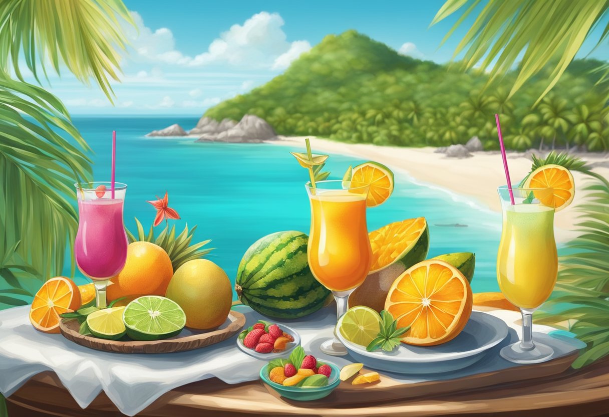 A table set with colorful tropical fruits, fresh seafood, and exotic cocktails overlooking a pristine beach and turquoise waters. A romantic setting for a Caribbean gastronomy experience