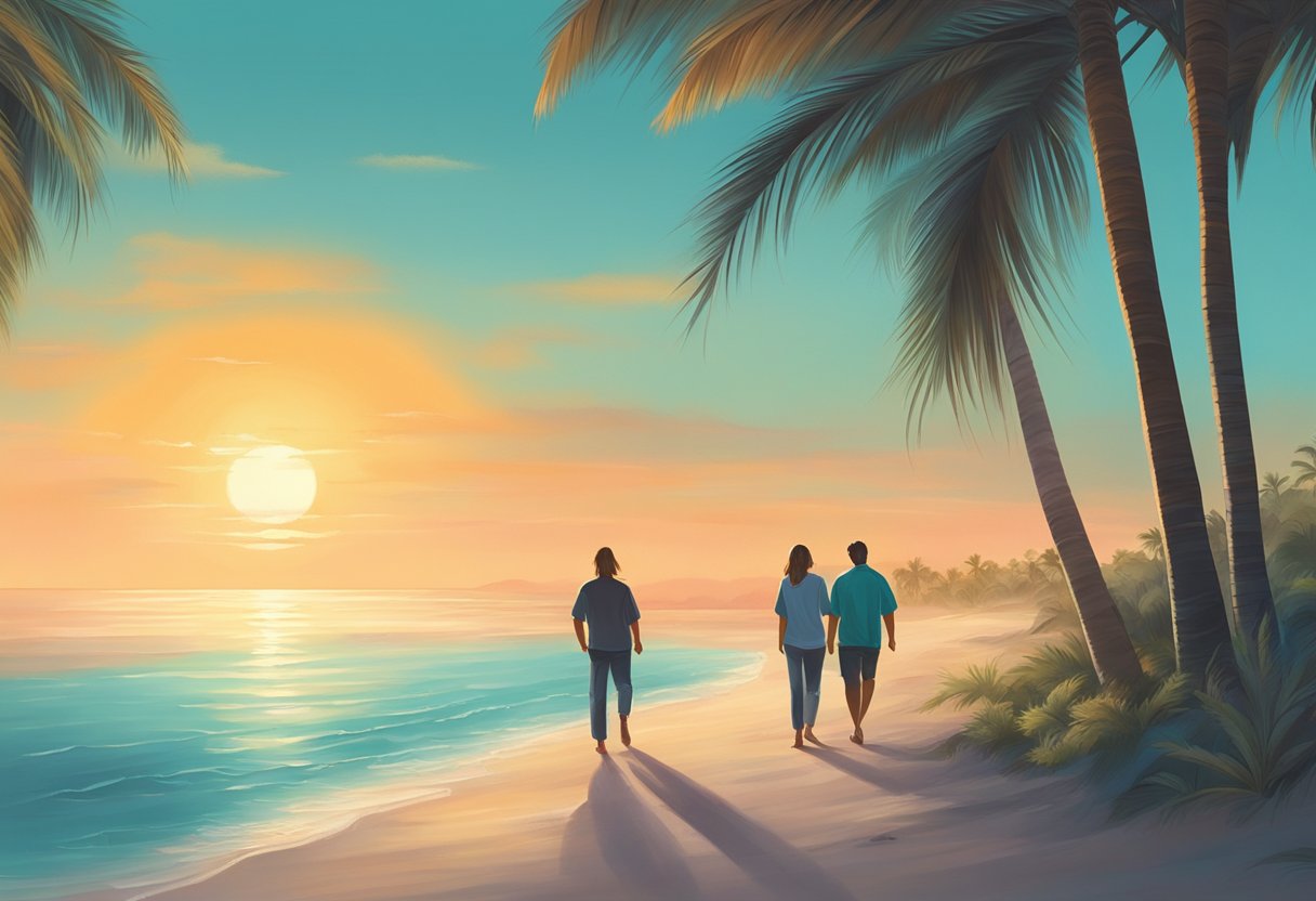 A couple strolls along a pristine beach at sunset, palm trees swaying in the gentle breeze. The turquoise waters glisten as the sun dips below the horizon, creating a romantic and serene atmosphere