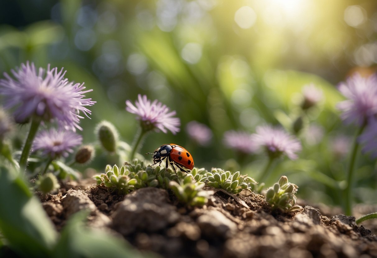 A garden with diverse plants and insects. Ladybugs and spiders control pests. No chemical sprays used. Healthy plants thrive