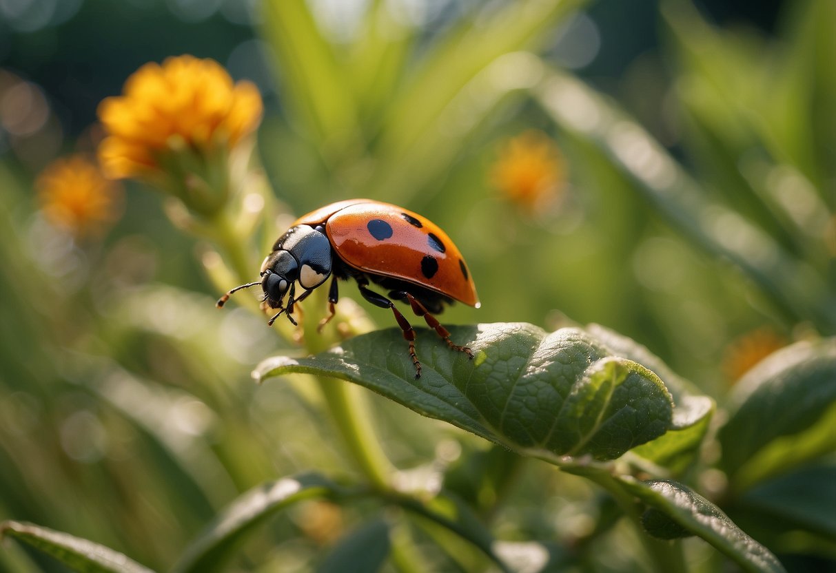 A garden with diverse plants, some with pests. Natural predators like ladybugs and birds are present, while traps and barriers are set up to control pests