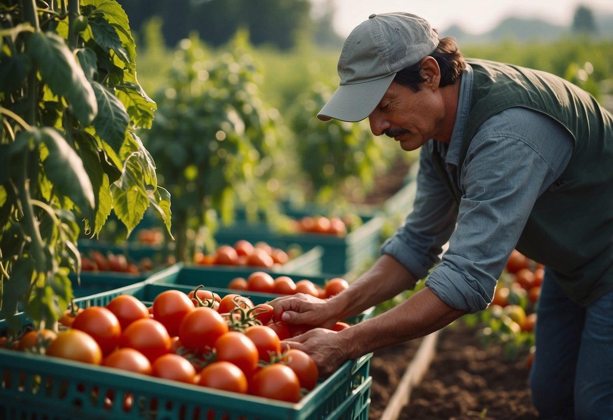 Tomato harvest and care in organic garden. Illustrate tomato cultivation scene