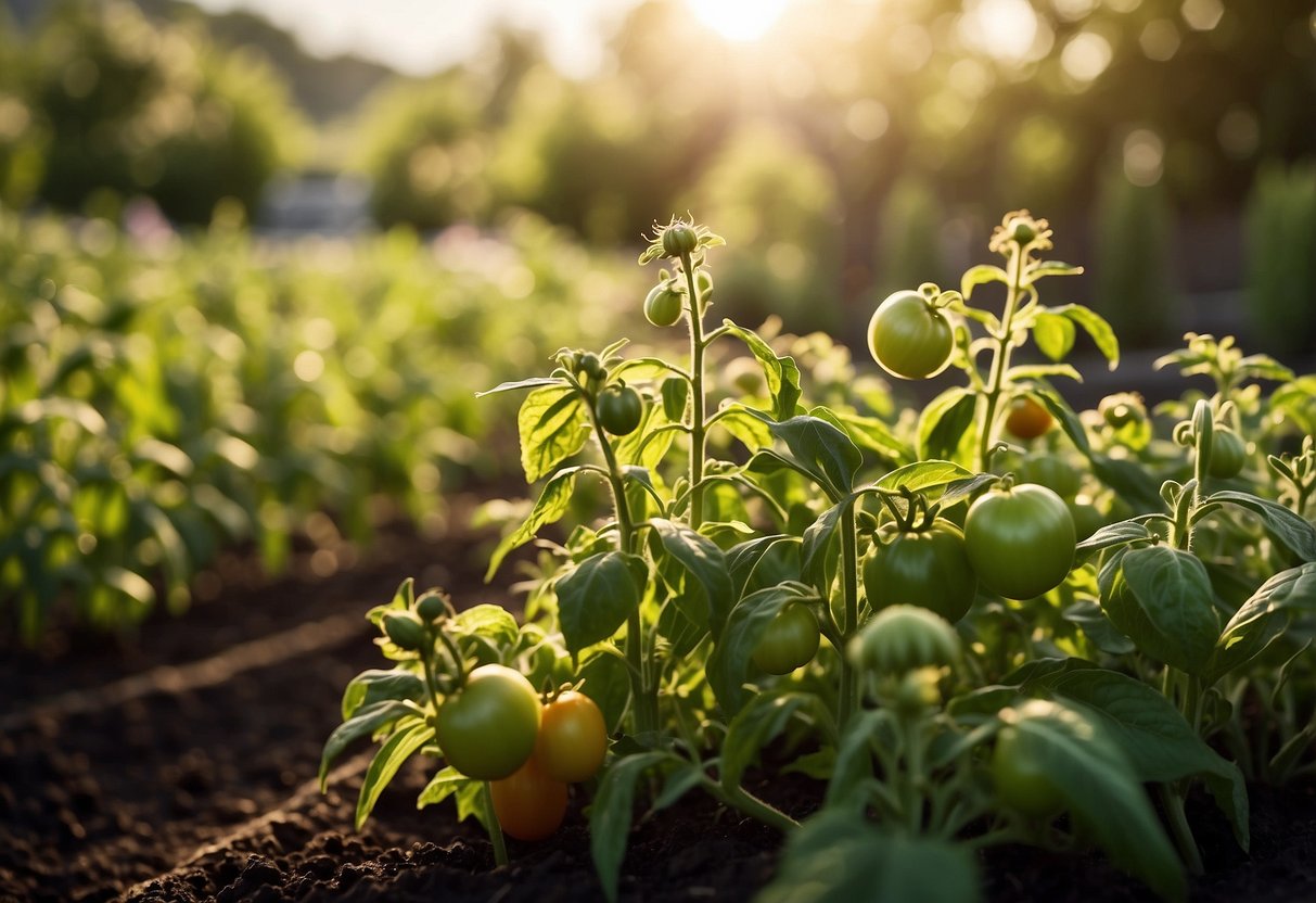 Lush green garden with rows of healthy tomato plants, surrounded by vibrant flowers and buzzing bees. Sunlight filters through the leaves, highlighting the rich soil and organic gardening tools